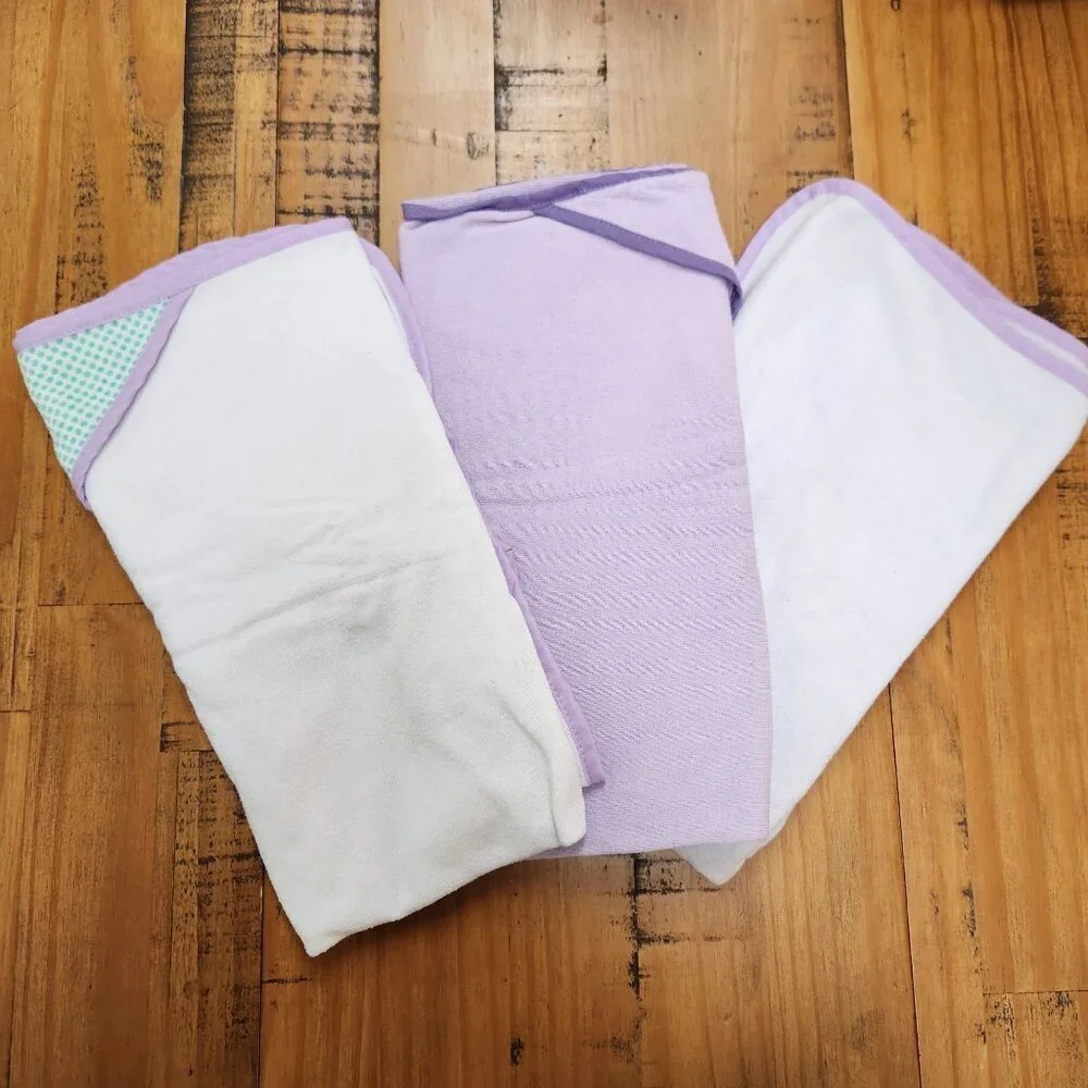 BUNDLE (3) Rene Rofe Hooded Towels Infant Baby Bathtime Purple White Birds OS